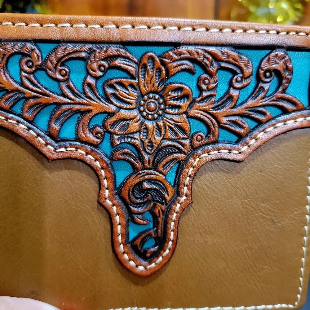 Western Mens wallet Western GENUINE LEATHER Short Lasercut Layered Tan & Teal